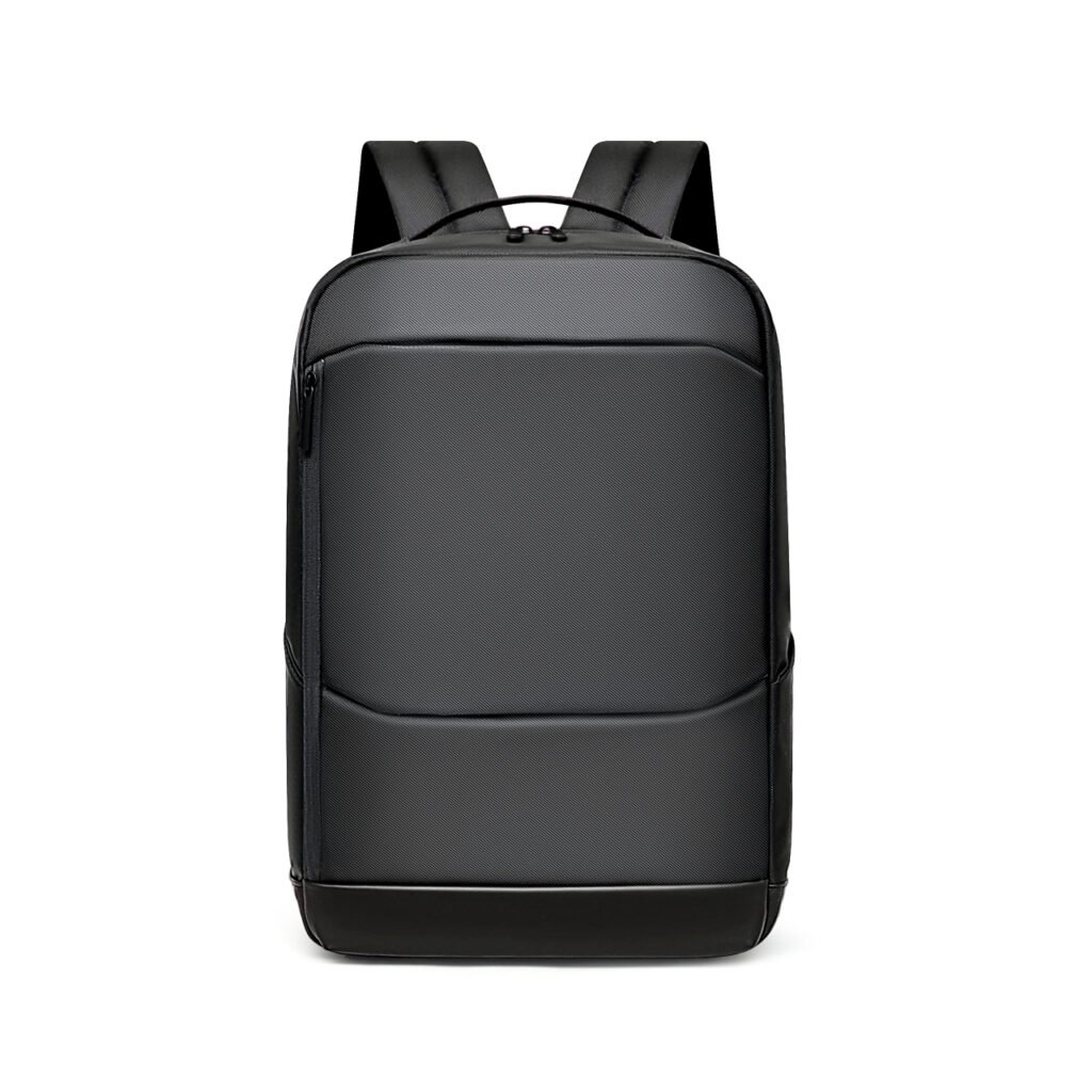 Black minimalist backpack with a front zipper pocket