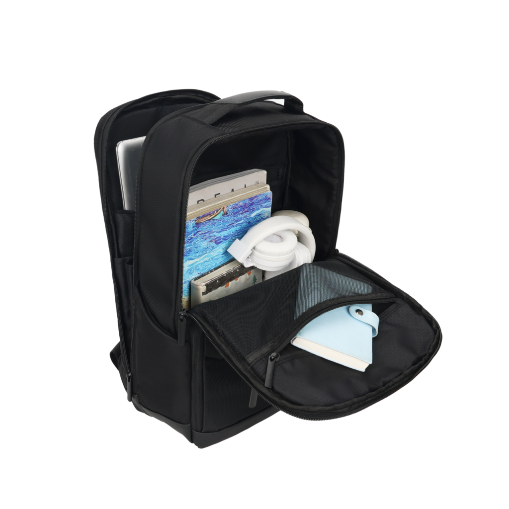Open black backpack showing separate device and accessory compartments