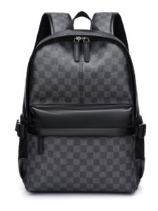 Black checkered backpack with padded front pocket