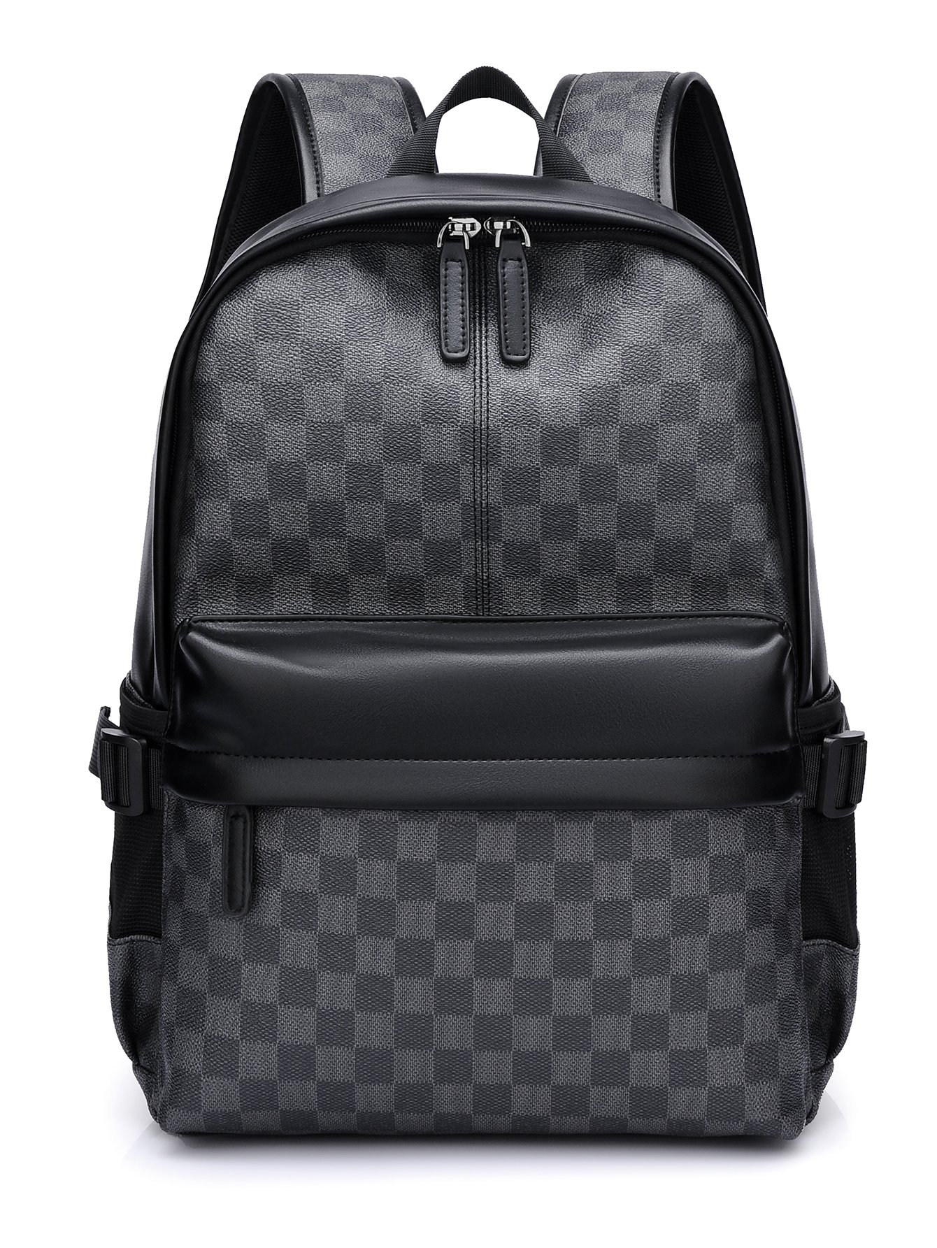 Black checkered backpack with padded front pocket