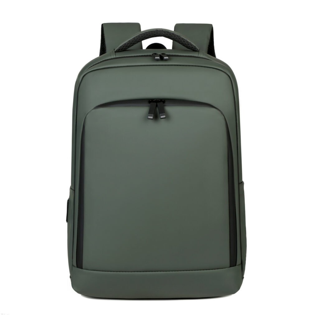 Olive green minimalist backpack with a front zipper pocket
