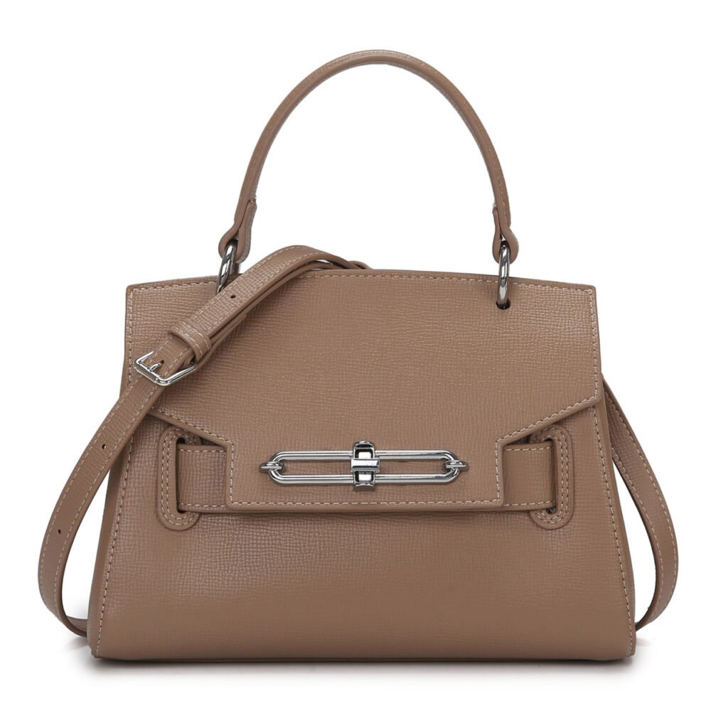 Taupe structured satchel with top handle and metal closure