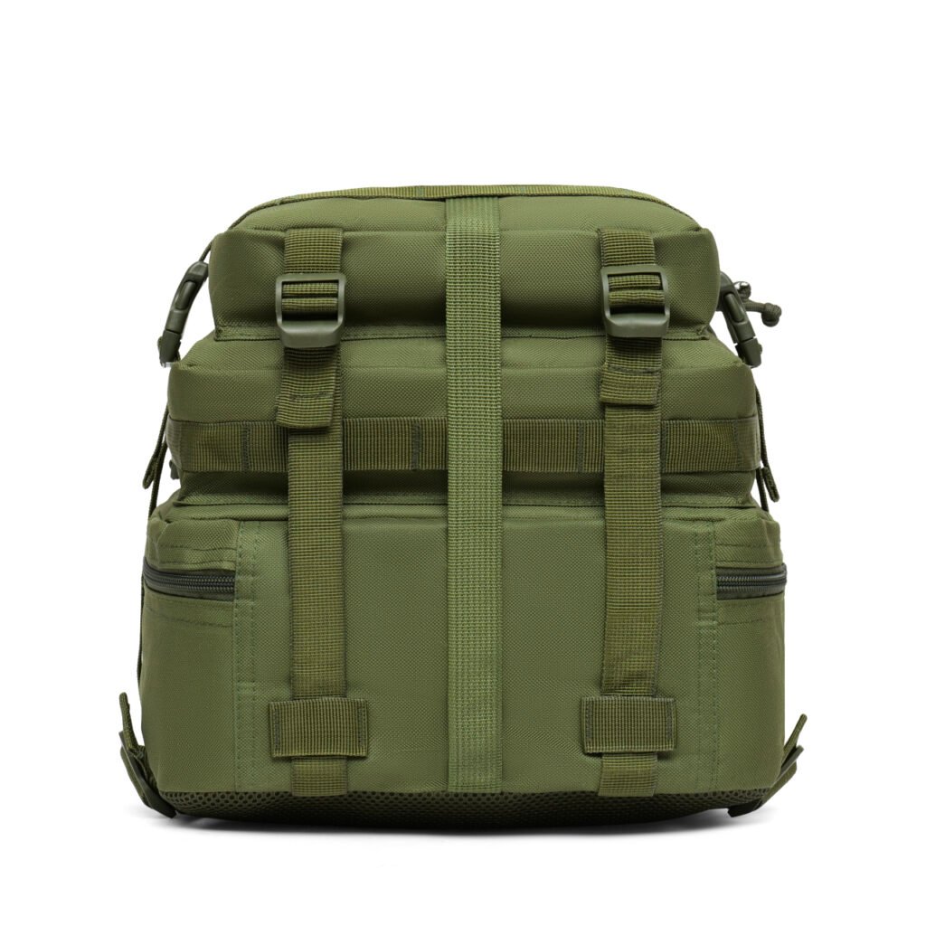 Olive tactical backpack with webbing straps and front pockets
