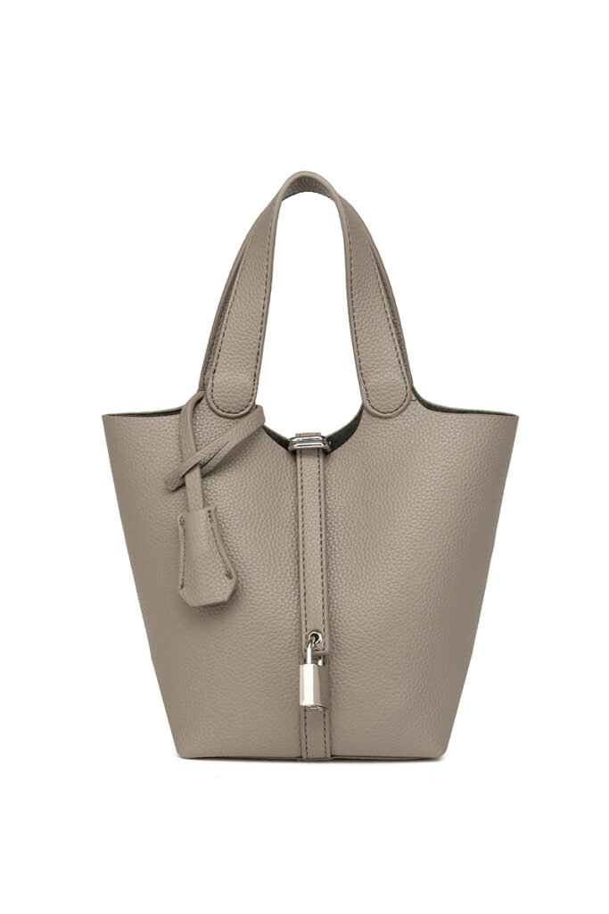 Khaki bucket bag with top handles and metal closure