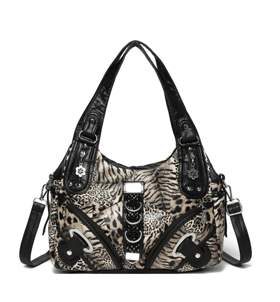 Black and white animal print handbag with multiple front pockets