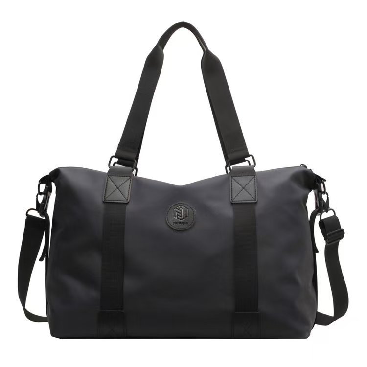 Black matte travel duffel bag with shoulder strap