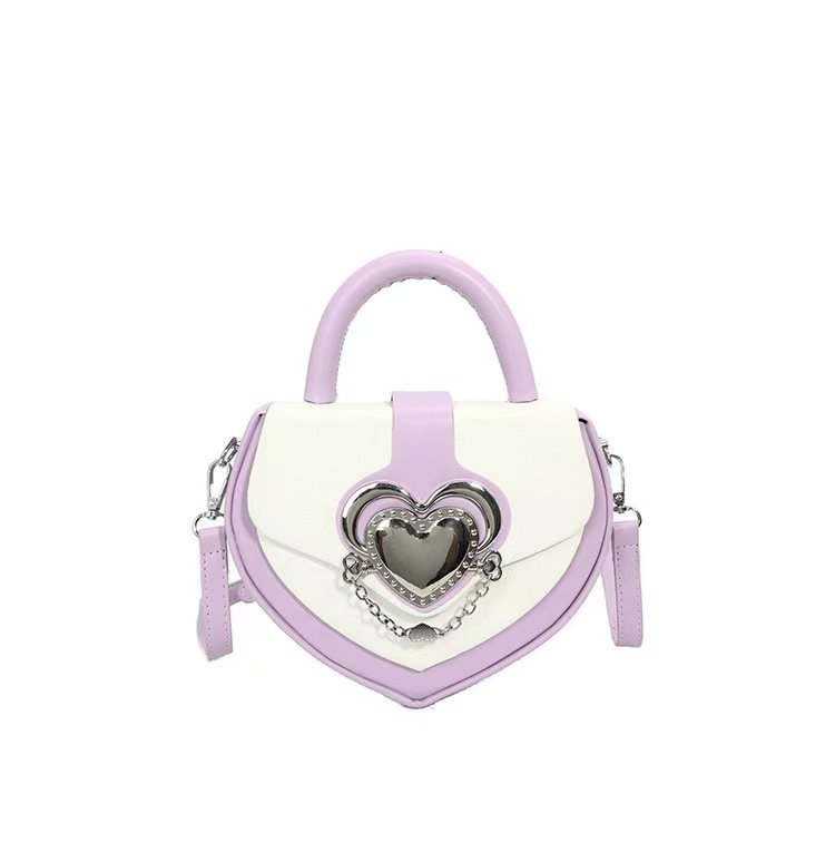 White and lavender heart-shaped handbag with top handle