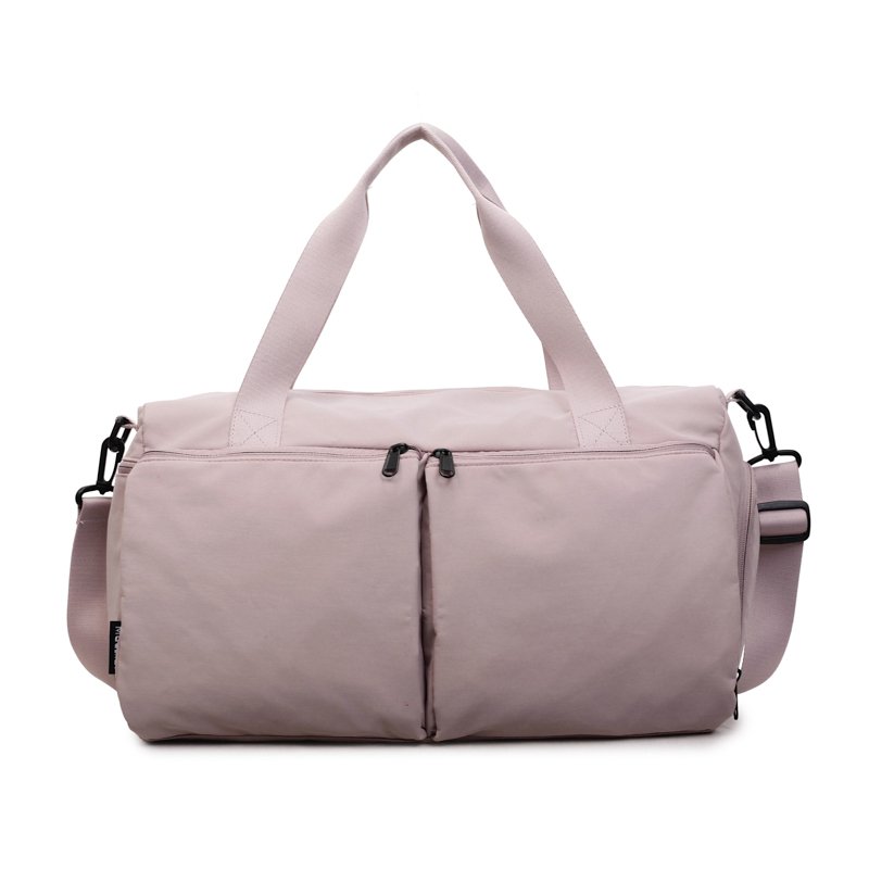 Light purple travel duffel bag with side pockets and shoulder strap