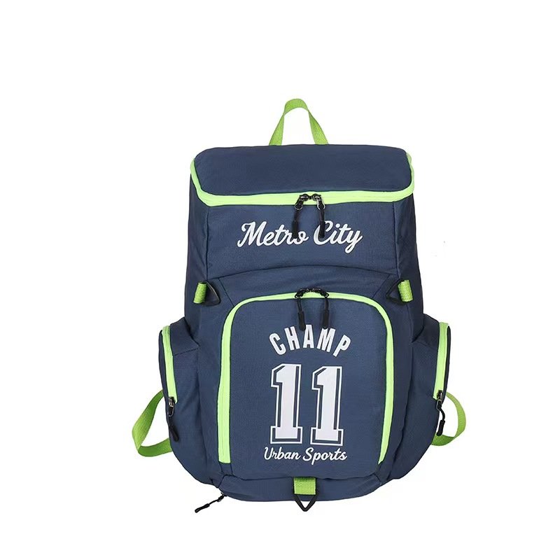 Blue sports backpack with green trim and front pockets