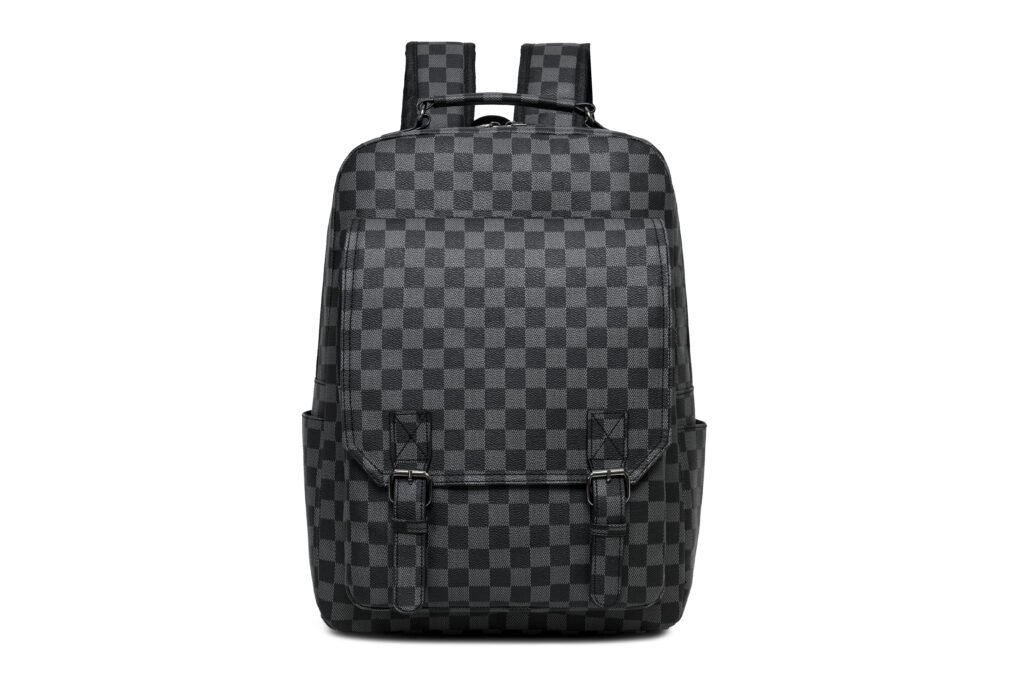Black checkered backpack with front pocket