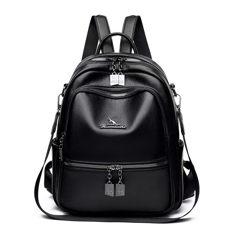 Black casual backpack with multiple front zipper pockets