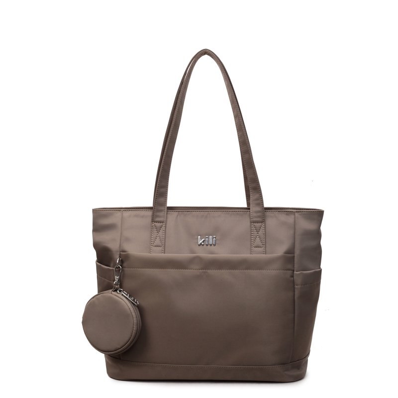 Brown tote bag with attached round pouch