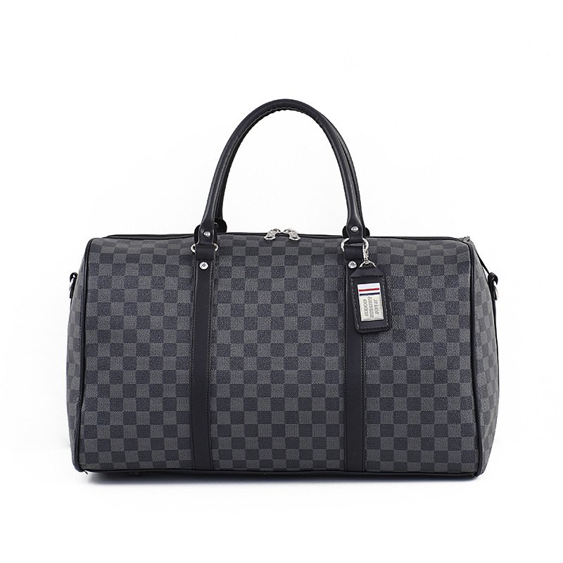 Black checkered travel duffel bag with top handles