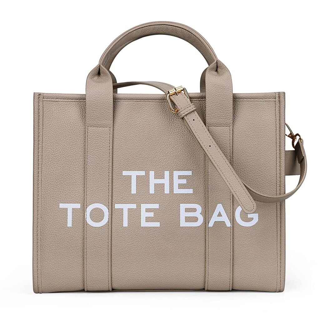 Beige structured tote bag with top handles and printed front text