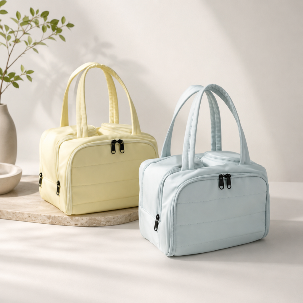 Pastel yellow and blue cosmetic bags displayed together