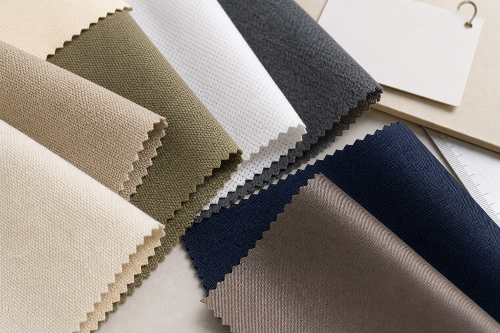 Close-up fabric swatches in neutral colors for bag material comparison