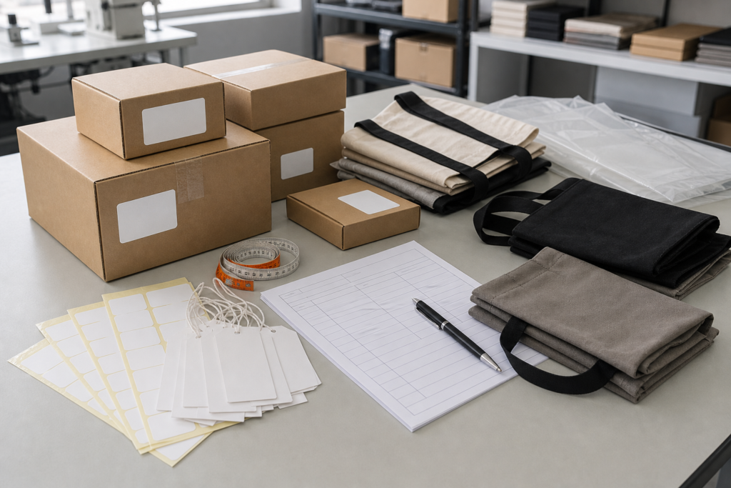 Cartons, folded bag samples, blank labels and packing sheet on a review table