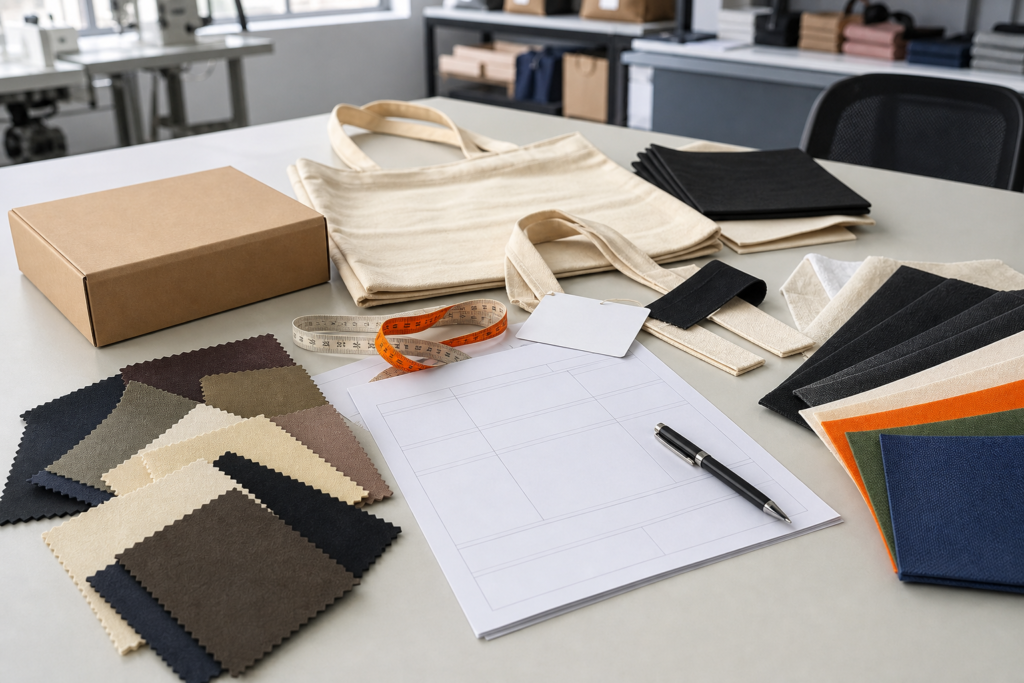 Promotional bag planning desk with fabric swatches, blank tote bag, carton and specification sheet