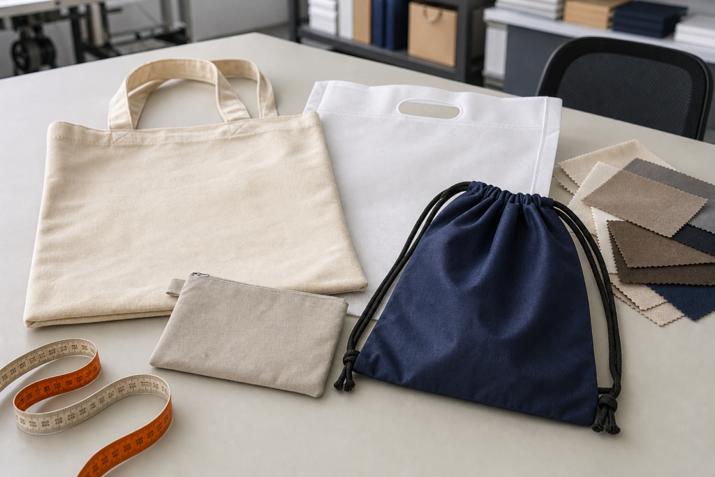Blank tote bags, drawstring bag and pouch displayed for style comparison