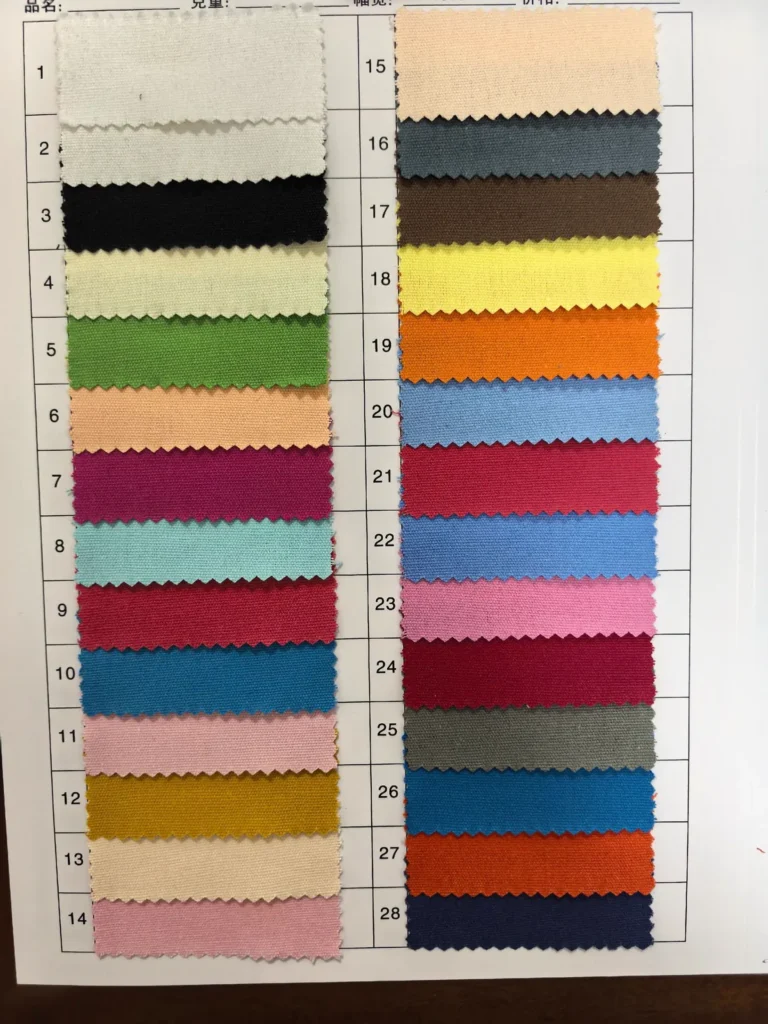 Canvas fabric color swatch card with samples numbered 1 to 28