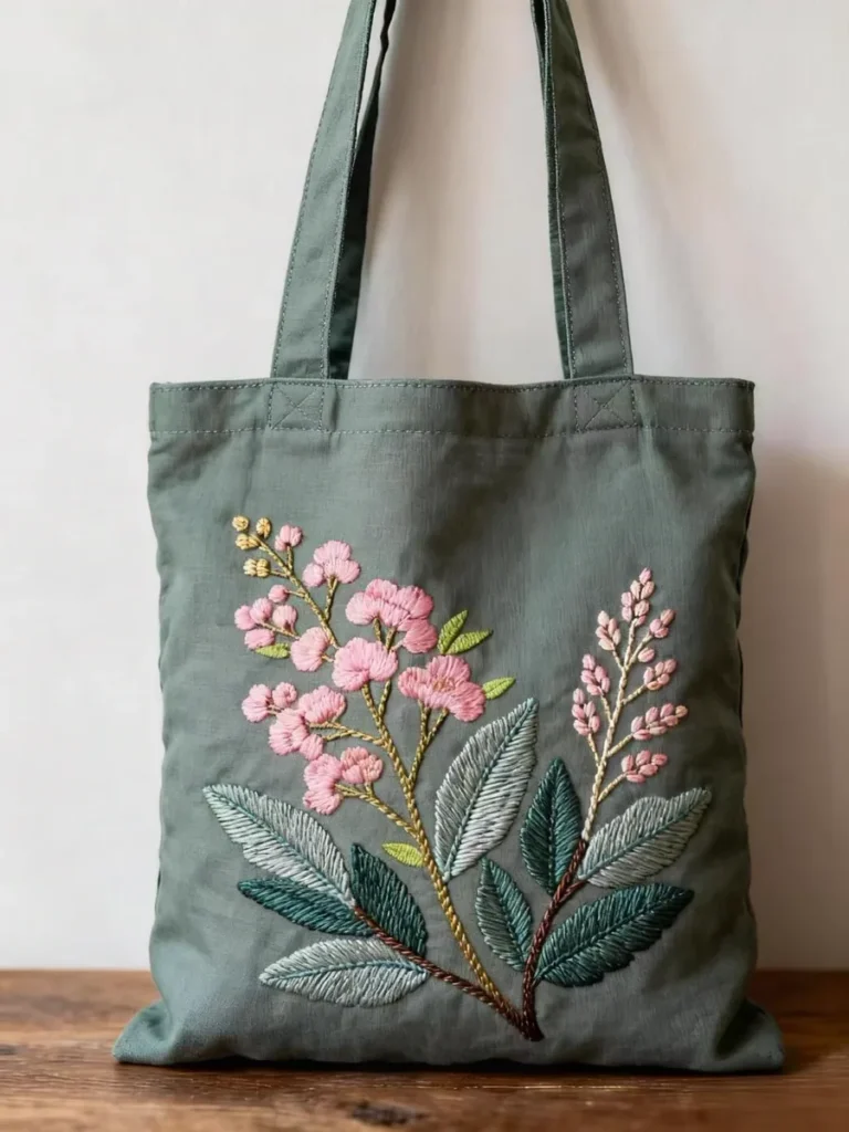 Green fabric tote bag with a floral embroidery design