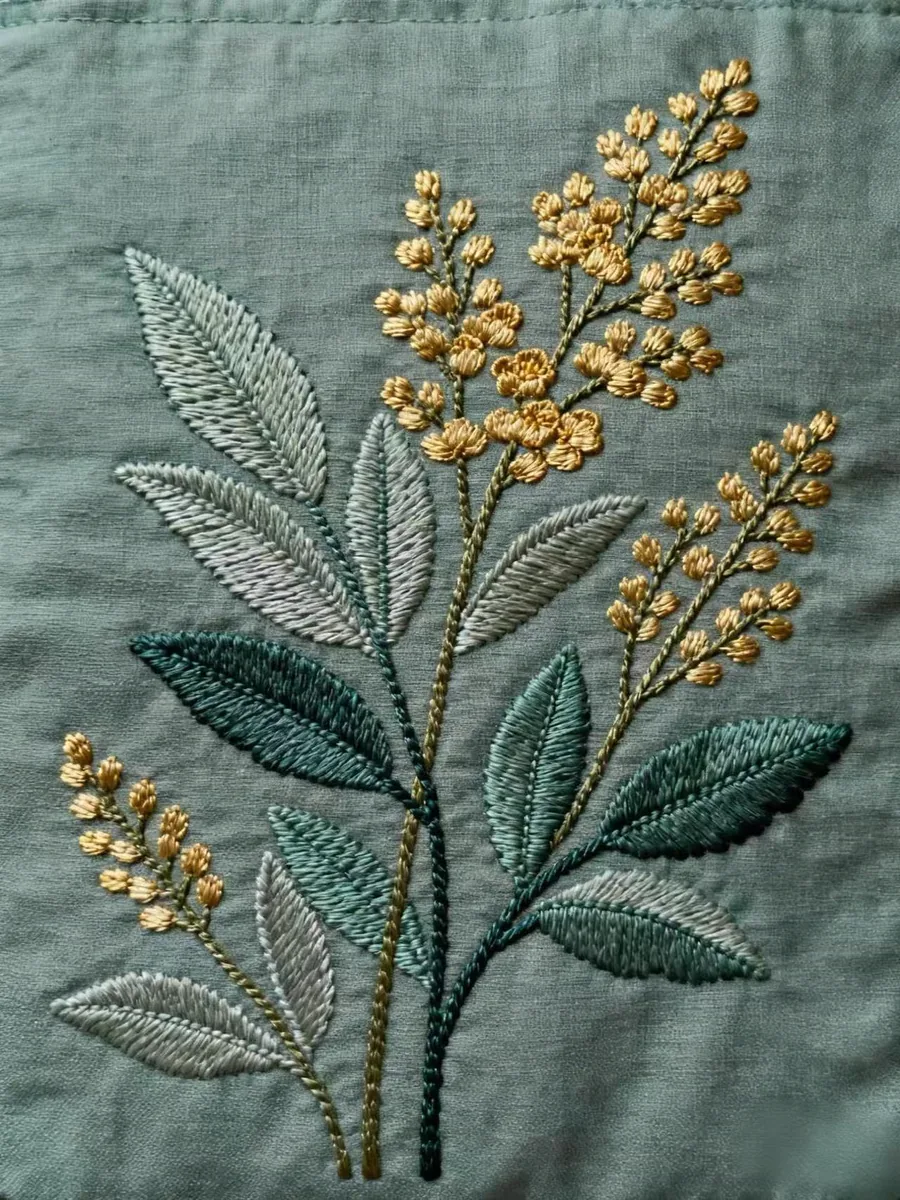 Close view of floral embroidery on green fabric