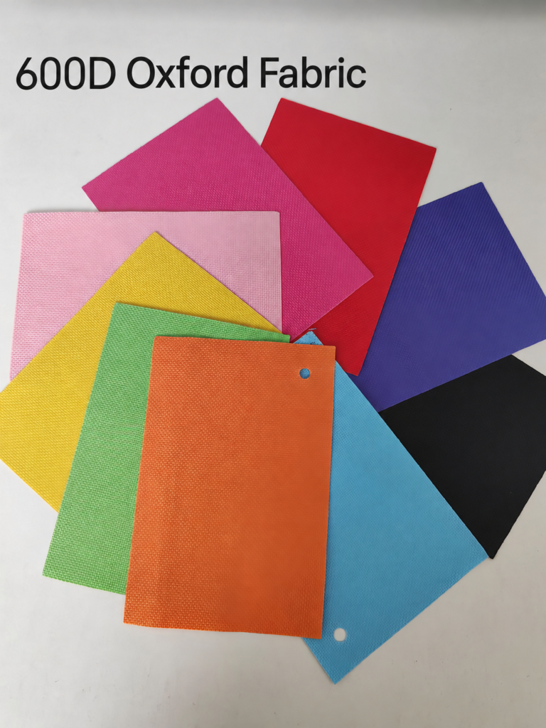 Multicolored fabric swatches under a 600D Oxford Fabric label
