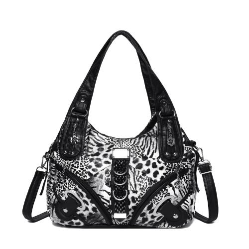 Black animal print handbag with decorative front hardware