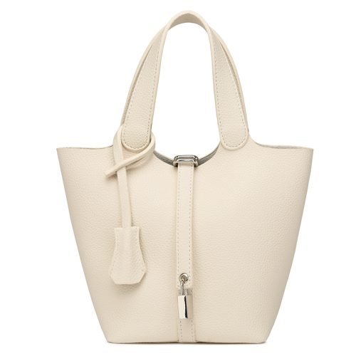 White bucket bag with top handles and metal closure