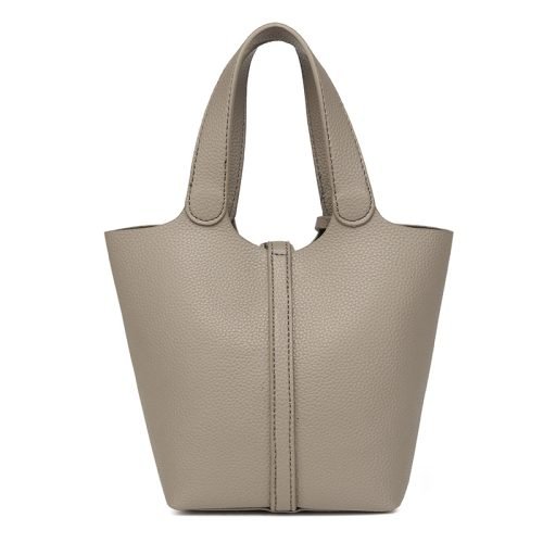 Back view of a khaki bucket bag