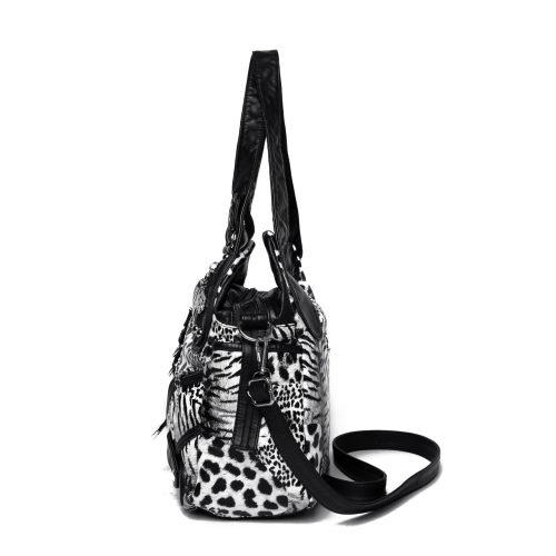 Side view of a black animal print handbag