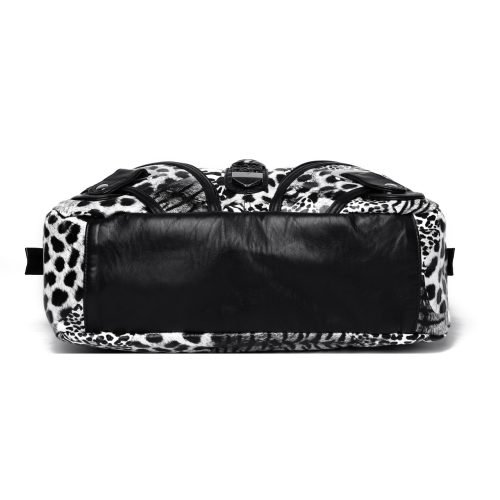 Bottom view of a black animal print handbag