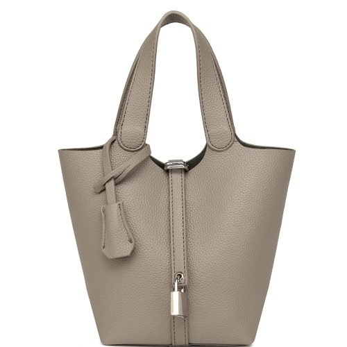 Khaki bucket bag with top handles and metal closure