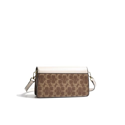 Back view of a patterned flap shoulder bag