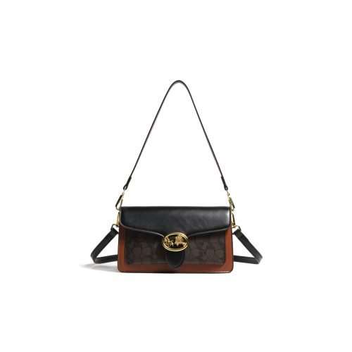 Black and brown patterned flap shoulder bag with long strap