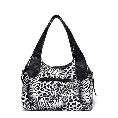 Back view of a black animal print handbag