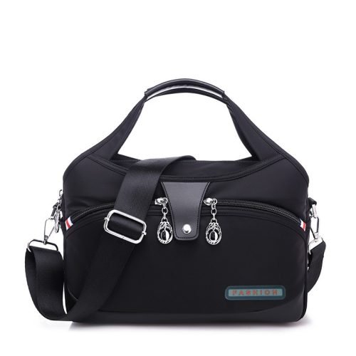 Black multi-pocket shoulder bag with adjustable strap