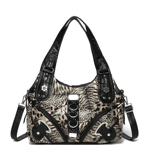 Black and white animal print handbag with multiple front pockets