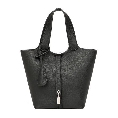 Black bucket bag with top handles and metal closure