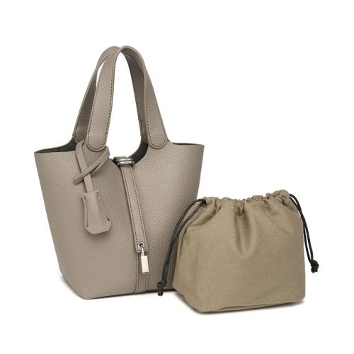 Khaki bucket bag with matching drawstring pouch