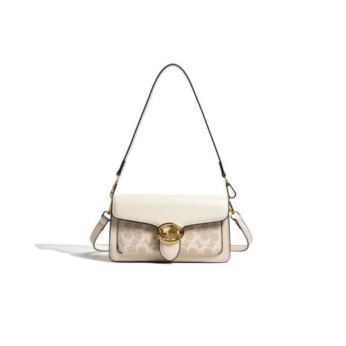 Cream and brown patterned flap shoulder bag with long strap